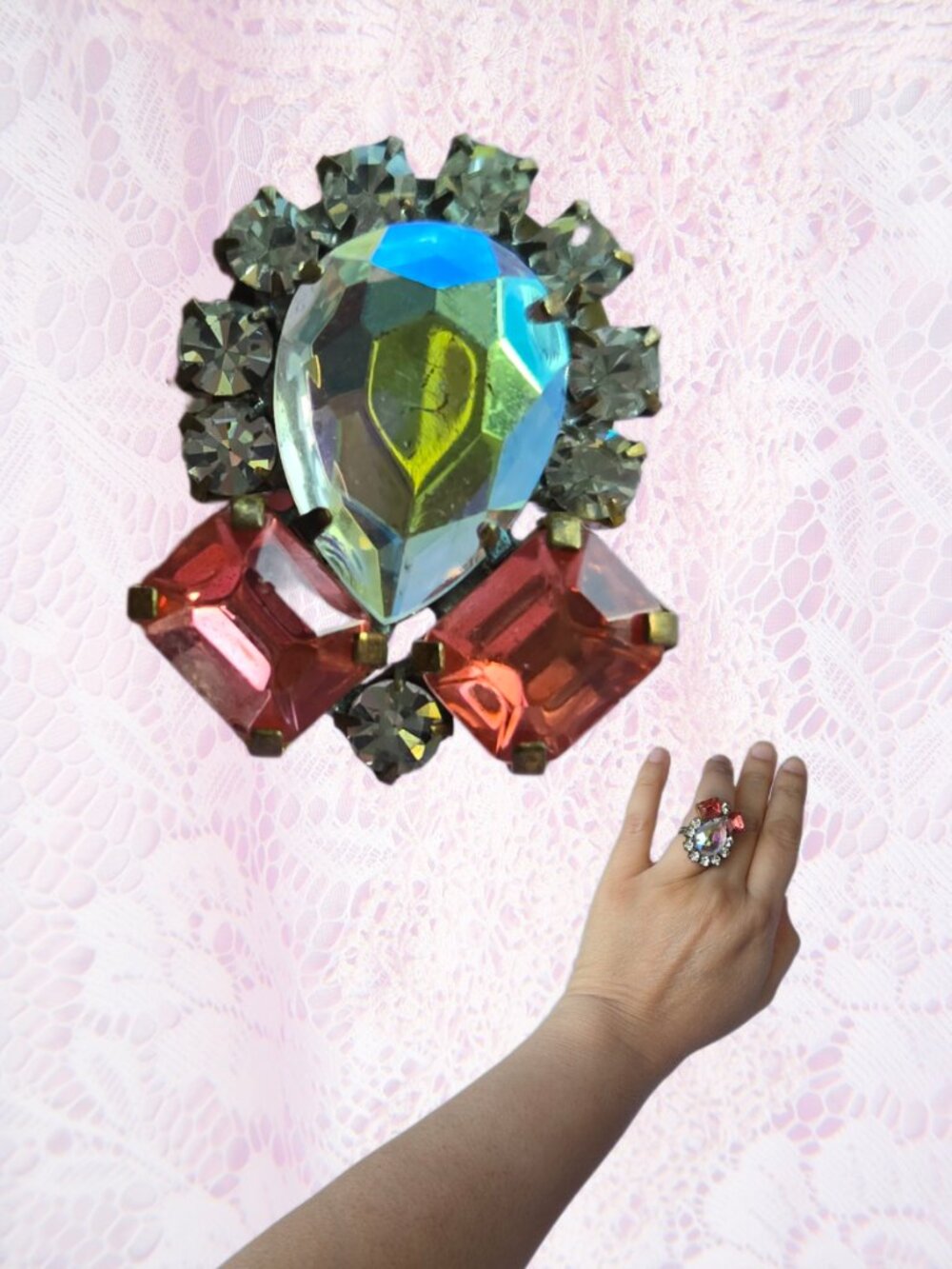 Vintage Czech Pink and Crystal Ring Art Deco Style